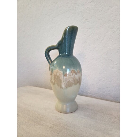 Vintage Pottery Pitcher Aqua Green and Tan Glazed - Picture 7 of 9